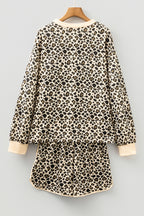 Brown Leopard Print Contrast Trim Long Sleeve Pullover Drawstring Shorts 2pcs Outfit