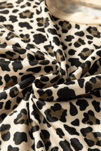 Brown Leopard Print Contrast Trim Long Sleeve Pullover Drawstring Shorts 2pcs Outfit