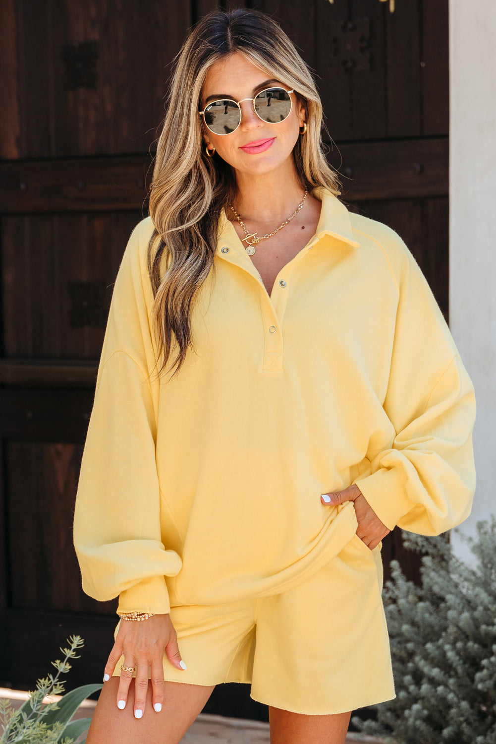 Yellow Cream Button Collar Drop Shoulder Pullover and Shorts 2pcs Outfit